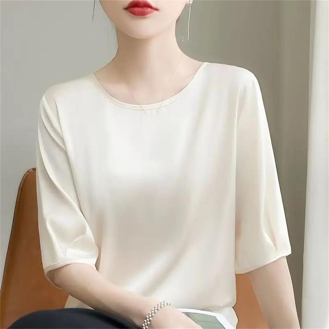 Camicetta estiva da donna in raso, ampia, a mezza manica, casual, tinta unita, con scollo rotondo