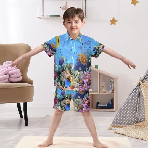 Image of Sunflower Floral Yellow Black Short Sleeve Hawaiian Button Down Shirts and Short Sets for Boys Toddler Summer Outfits