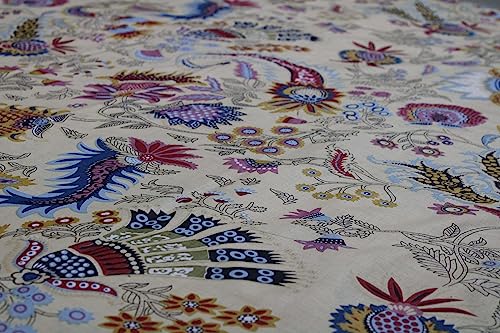 Image of Indian Hand-Block Printed Jaipuri Mukut Floral Print Ethnic Sanganer Kurti Print Cotton Fabric (15 Yards, Beige Mukut)