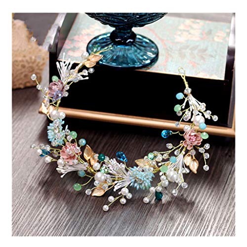 ZGP &Headdress Crown Flower Wreath Color Pearl Crystal Beads Handmade Flower Headband Bridal Tiara Wedding Hair Accessories floral garland