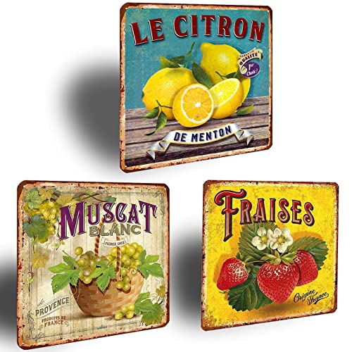 XIAOMA Lot de 3 Plaque Vintage Fraises Citron Muscat – Cadeau pour la Cuisine Restaurant Maison,Panneau en Métal,Retro Affiche Pancarte Murale Décoration...