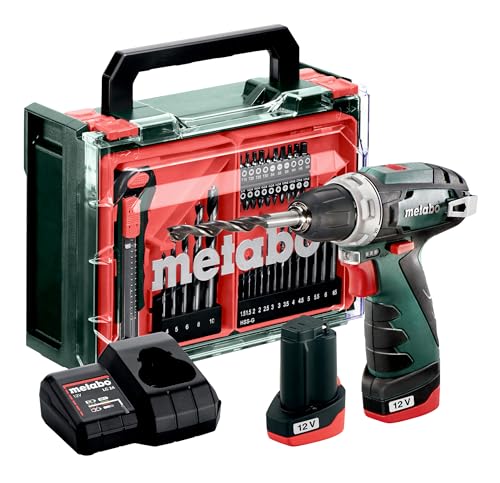 metabo Akku-Bohrschrauber PowerMaxx BS Basic Set - 12 V, 34 Nm Drehmoment, 2 Gänge - Schnellspannbohrfutter, LED-Licht, Gürtelhaken, kompakt - Inkl. 2 Akkus, Ladegerät, Zubehör-Set, Kunststoffkoffer
