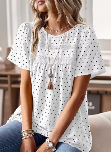 Image of Falechay Womens Summer Tops Crewneck Short Sleeve Shirts Casual Chiffon Blouses Flowy Lace Hem Boho Clothing Trendy 2026