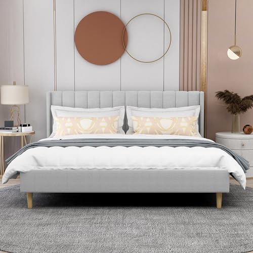 Image of AGARTT Upholstered Platform Bed Frame King Size, Light Grey Linen