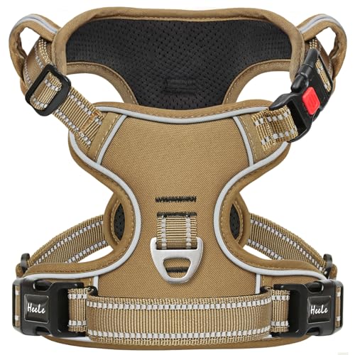 HEELE Dog Harness, No Pull Medium, Release on Neck with Lockable Buckle, Front Back Clips Dog Vest Harness Reflective Adjustable Padded, Easy Control Handle for Outdoor Walking Training, Brown, L