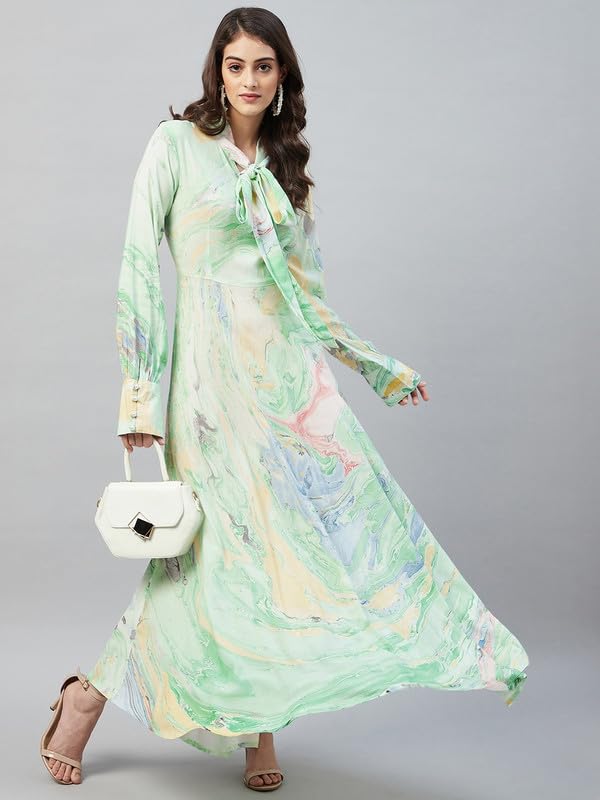 Image of Aaheli Women's Rayon Marbled Print Maxi Dress | Long Sleeve Tie-Neck A-Line Flared Dress | Casual, Party Western Outfit | Green