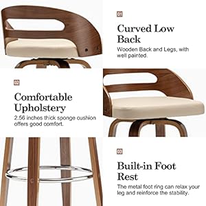 Bar Stools Set of 2, Swivel Bar Height Stools with Low Back, Wood Bar Chairs with Soft Cushion Seat, 24.6-Inch Seat Height (Beige, 26" Counter Height) Bar Stools Set of 2 Swivel Bar Height Stools with Low Back Wood Bar Chairs with Soft Cushion Seat 246 Inch Seat Height Beige 26 Counter Height