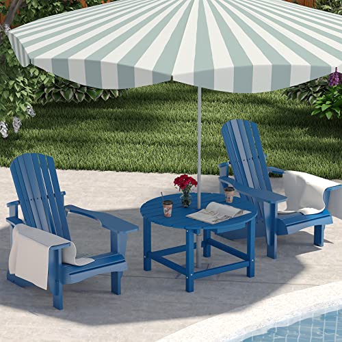 Molanephy Outdoor Adirondack Patio Coffee Table, 32" D Round Hdpe Table With Umbrella Hole, Outdoor Side End Table For 4 People For Poolside Porch Patio Lawn Backyard(Dark Blue) #TOP4
