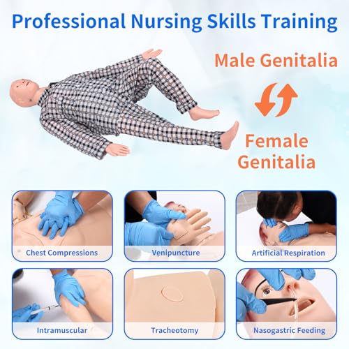 Medical Mannequin for Training, Male-Female Nursing Training Mannequin Highly Simulated Patient Care Medical Manikin with 3 Muscle Module & Patient Gown & Urinary for Teaching Pratice