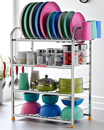 Image of L LIVILON 4 Layer Wall Mount Kitchen Utensils Dish Rack | Stainless Steel Stand | Dish Stand /Holder | Kitchen Organizer | Utensils Rack with Plate (24 * 18), Tiered Shelf