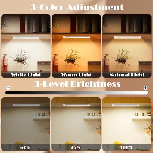 Image of Under Cabinet Lights 2 Pack, 70 LEDs 1000mAh Rechargeable Battery Operated Motion Sensor Light Indoor, 3 Color Temps, Wireless Magnetic Dimmable Closet Light for Kitchen, Wardrobe, Pantry(Silver)