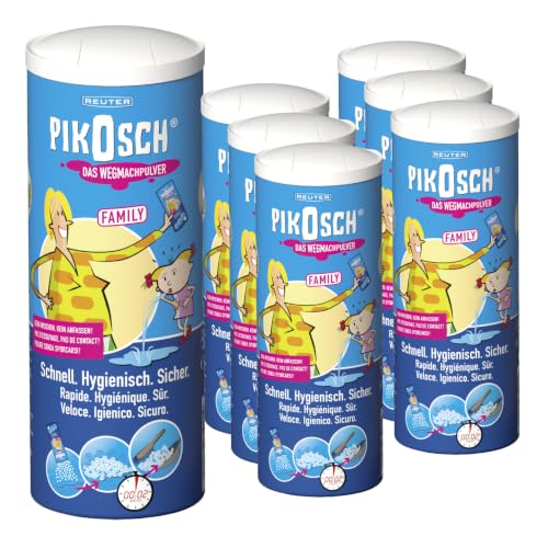 PIKOSCH Family – El polvo de liberación definitiva, superabsorbente une líquidos y olores como vómito, orina, heces, sangre y agua, para su familia, alta potencia de succión (6 x 235 g)