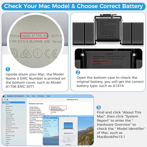 Image of A1706 Battery, A1819 Battery Replacement for MacBook Pro 13 inch A1706 Late 2016 Mid 2017 Touch Bar Version EMC 3071 3163 (Upgraded High Performance 4314mAh 11.41V 49.2Wh Li-Polymer)