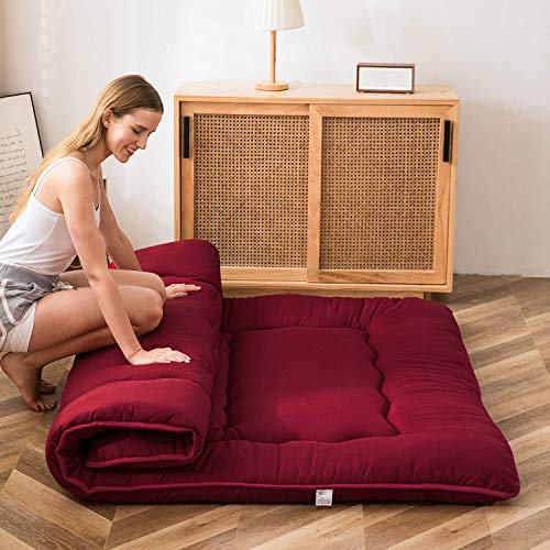 Image of MAXYOYO Japanese Floor Mattress Futon Mattress Thicken Tatami Mat Sleeping Pad Roll Up Mattress Floor Lounger Mat Folding Couch Mattress Pad for Guest Room, Burgundy, King Size