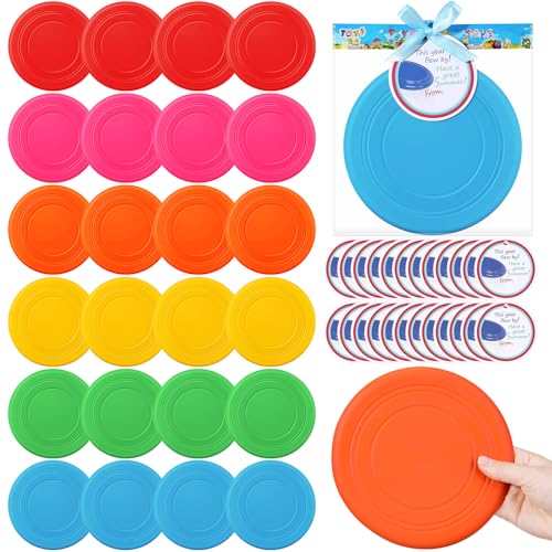 WinnerWhy 24 Pcs End of Year Gifts 7 Flying Disc Rubber Flyer Disks with Gift Cards Ribbon Outdoor Playing Lawn Sport for End of Year Gift Summer Beach Party Favor 6 Colors