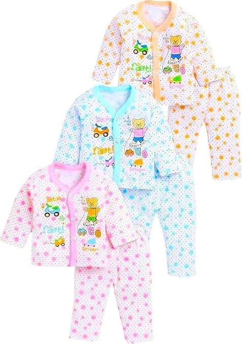 Cotton Boy and Girl Casual Printed Full Sleeves Soft Hosiery Cotton Vests Jhabla T-Shirts with Pyjama Pants Set for Kids Infant Toddler (Set of 3)-image-44