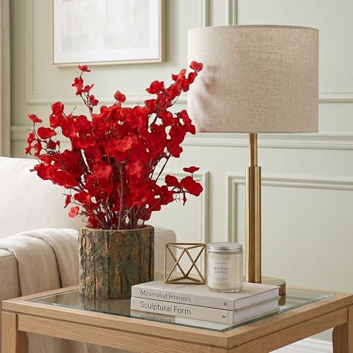 Image of Dekorly Artificial Red Baby's Breath Flower with Real Wooden Vase (28CM Overall Height) | Decorative Lifelike Faux Floral Plant in Rustic Tree Log Pot for Living Room(Red Baby's Breadth)