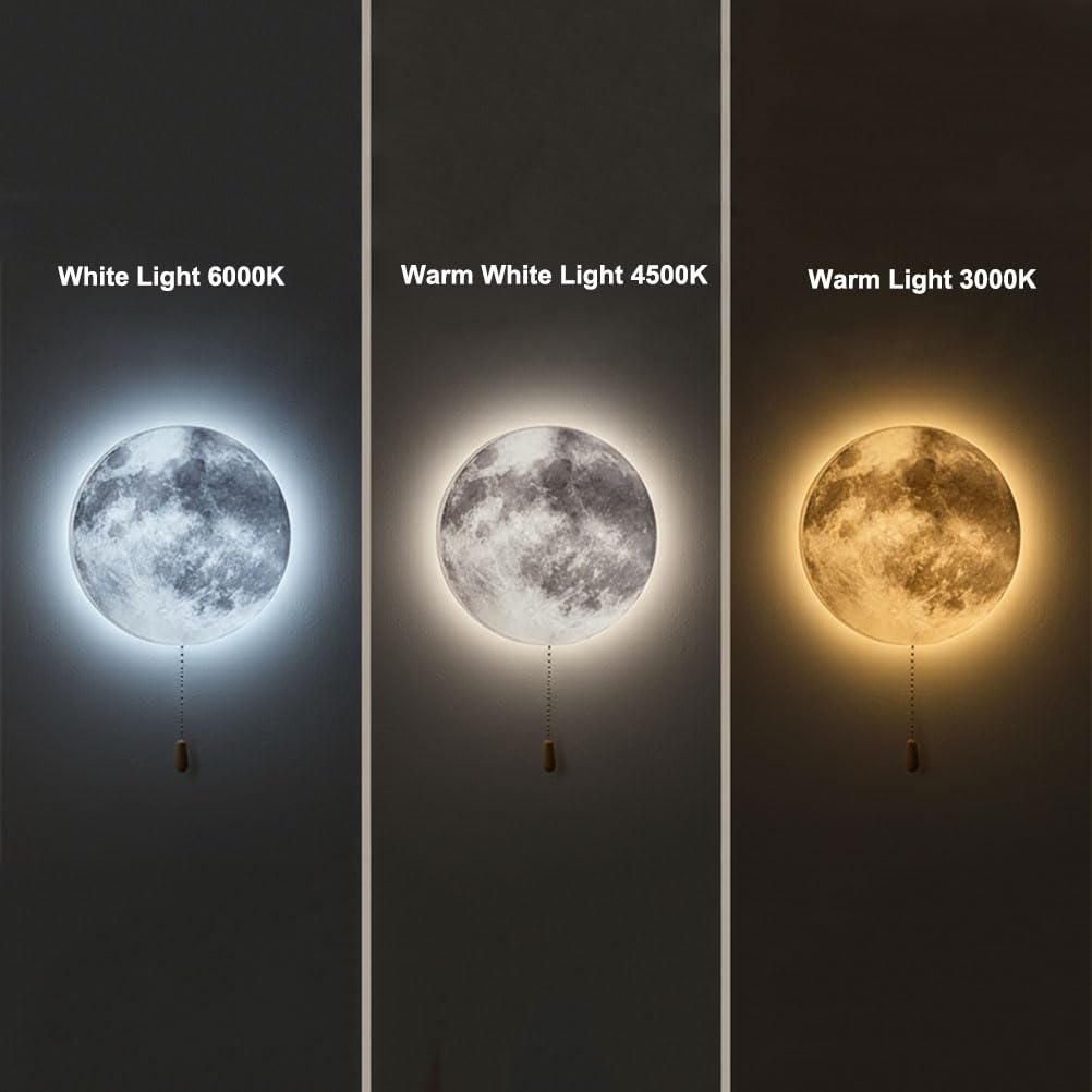 EaEa Wandlampe Mond Kinderzimmer LED Batterien Wandleuchte mit Zugschalter 3 Farbtemperaturen Kabellose Nachtlicht Wand Moonlampe für Kinder Madchen Junge Baby Schlafzimmer Nachttischlampe