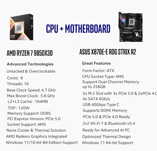 Image of MICRO CENTER CPU Motherboard Combo - AMD Ryzen 7 9850X3D CPU Processor with ASUS ROG Strix X870E-E R2 Gaming WiFi ATX Motherboard