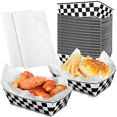 Image of 50 Pcs Checkered Paper Food Trays with 50 Deli Liner Disposable Racing Party Food Boat Black and White Plaid Serving Tray for Racing Theme Birthday Baby Shower Party Popcorn Nacho Snack Hot Dog