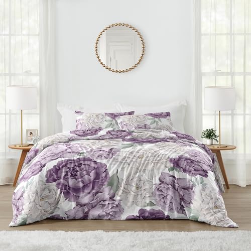 Image of Sweet Jojo Designs Lavender Purple Boho Shabby Chic Floral Girl Queen Comforter Set Full Size Bedding Kids Teen Adult Bed Room 3p Ivory Bohemian Vintage Watercolor Nature Elegant Colorful Sage Green