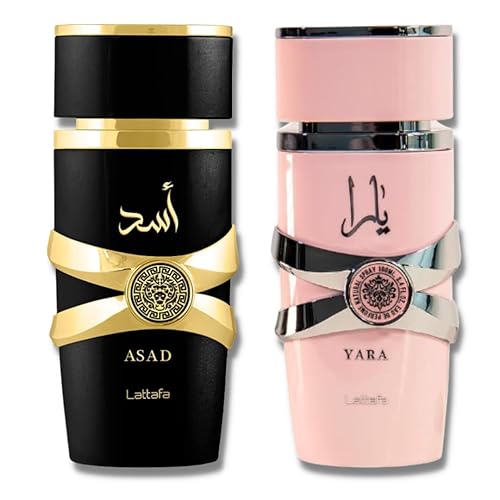 Lattafa Perfumes Yara & Asad EDP - Perfume de 3.4 oz | Pimienta negra, piña, orquídea, ámbar, vainilla, maderas secas (paquete económico - Asad),