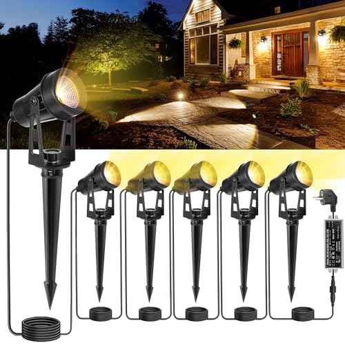 HUAEU LED Gartenbeleuchtung mit Strom, 3000K Warmweiß, 12V IP65, Gartenstrahler LED Außen Wasserdicht, mit Stecker für Draußen,Terrasse, Gartenweg,Bäume, Rasen, Erdspieß