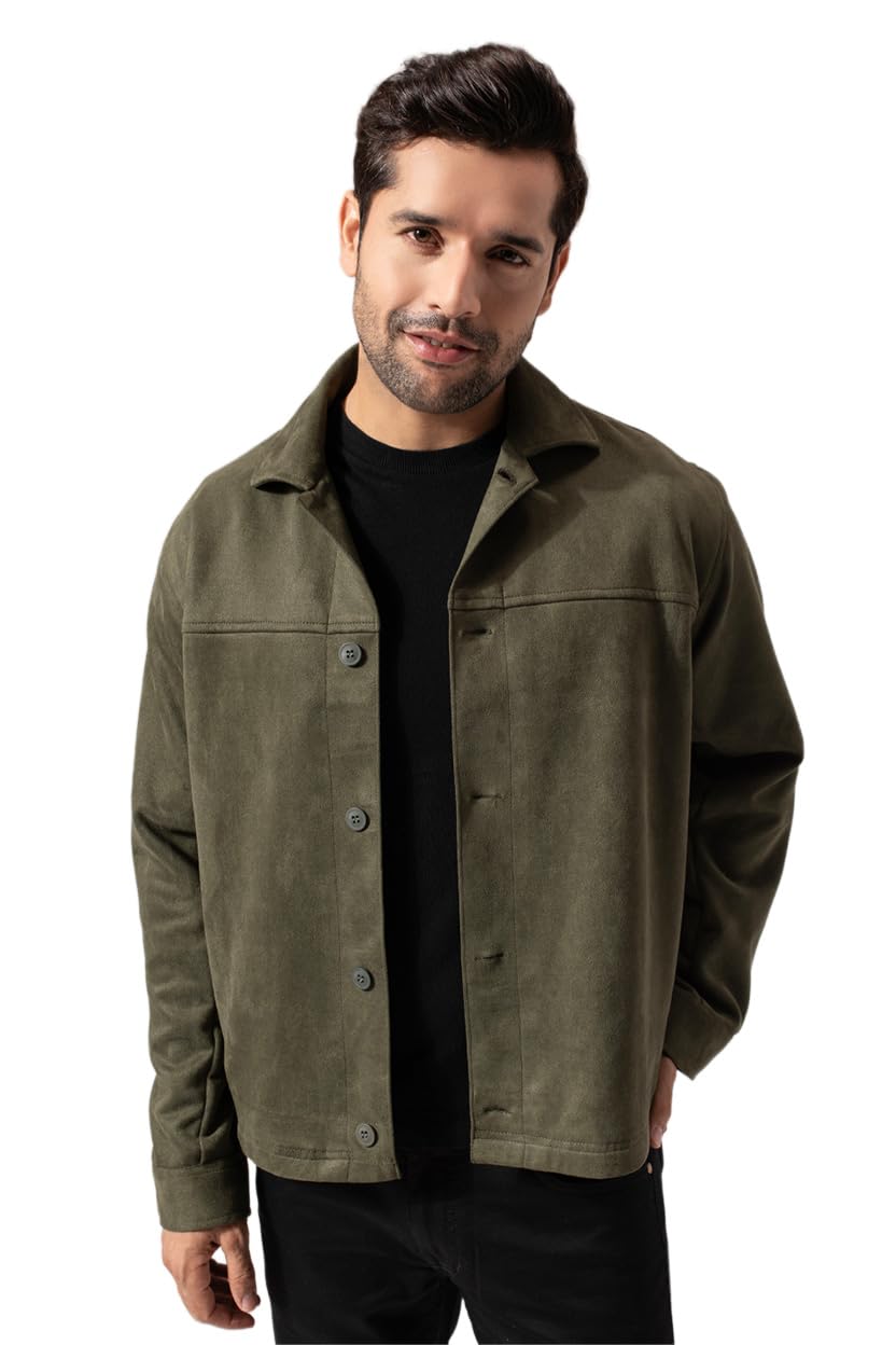 PERCH Men Green Suede Solid Cut & Sew Jacket|Men's Stylish Jacket, Comfortable Regular Fit, Full Sleeves,Lightweight Design, Suitable for Casual Wear, Travel &Everyday Outfits - Image 1