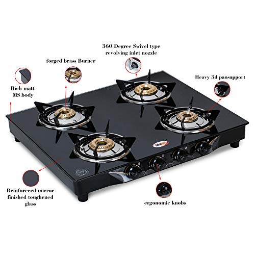 HORNBILLS LPG Premium 7MM Toughened Glass Stainless Steel Manual Ignition 4 Brass Burners Gas Stove 1 Year Warranty By Hornbills Appliances - Image 2