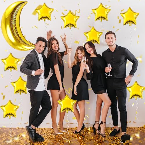 Image of Moon and Star Balloons New Years Balloons Five Angle Stars Foil Myalr Balloon for Happy New Year Eve Ramadan Baby Shower Bridal Wedding Engagement Birthday Anniversary Party Decoration Supplies