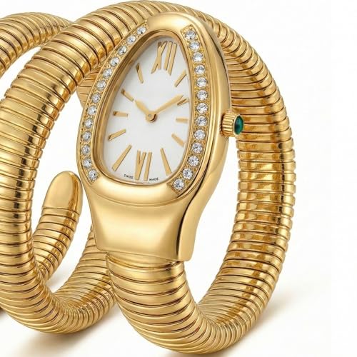 Image of Serpentine Snake Watch for Woman with Spiral Bracelet, Green Dial Watch for Woman with Quartz, Stylish Analog Waterproof Serpenti Watches Women