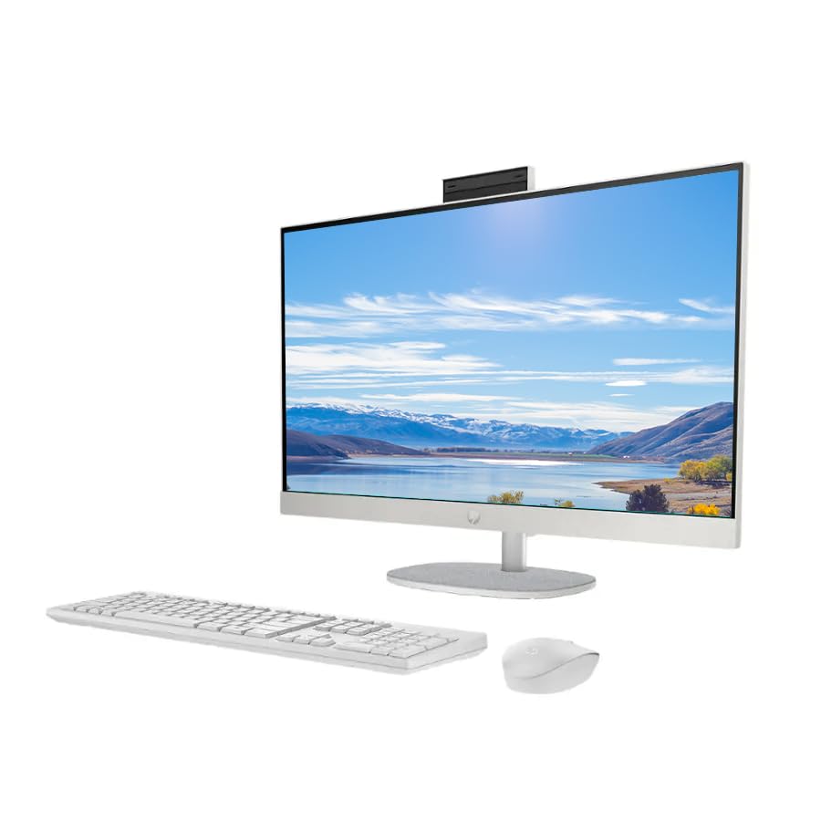 Image of HP 27 inch FHD All-in-One Desktop Computer, Intel 12-Core Ultra 7 155U Processor, 16GB RAM 1TB Storage (512GB SSD+512GB External), Wireless Keyboard & Mouse, Windows 11, PLUSERA Earphones, White