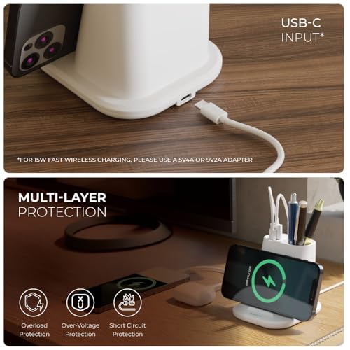 Image of XECH 3-in-1 Fast Wireless Charger with Pen Stand | 15W Fast Wireless Charging Pad with Dual USB Output Ports | Charge 3 Devices at Once | Desk Accessories with Phone Holder | Gift for Man Boys (Quest)