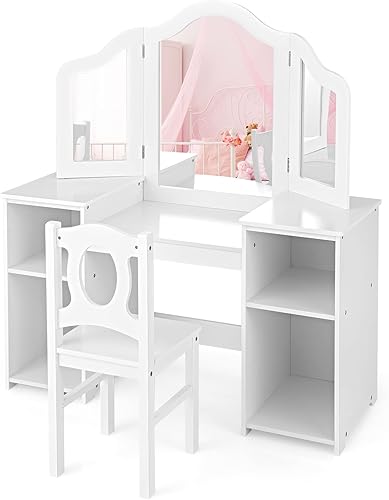 Miniatura 27 de AKUSTIK Juego de tocador y silla de madera rosa 2 en 1 para niños pequeños con espejo desmontable de tres pliegues, estantes de almacenamiento,