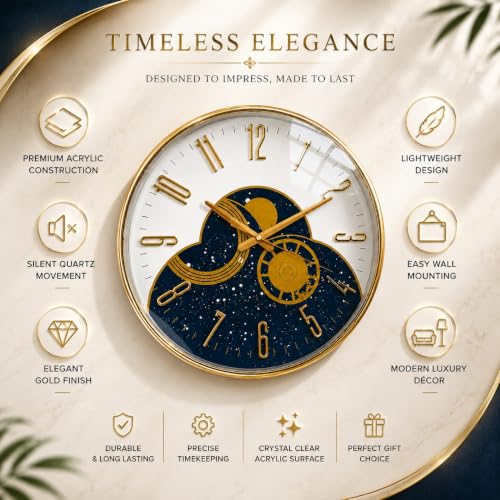 Image of ARMONIA Premium Designer Wall Clock for Living Room 15 Inch | Silent Quartz Acrylic Wall Clock | Luxury Gold & Blue Decorative Round Wall Clock for Modern Home & Office Decor, Bedroom & Decor