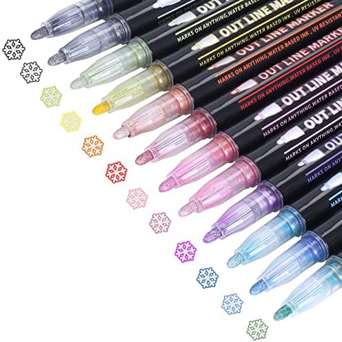 SGDZVD Outline Metallic Markers, Doodle Glitter Markers for Kids, Super Squiggles Colored Pens for Writing Journal & Drawing, Paint Markers for DIY Gift Cards, Rock Painting & Art Supplies (Set of 12)