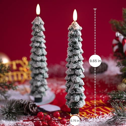 Image of Stmarry 4 PCS Flameless Christmas Tree Candles with Remote, Snow Covered Real Wax Flameless Taper Candles 9.65 Inch, LED Candlesticks Battery Operated with 3D Flickering Flame, Christmas Candles Decor