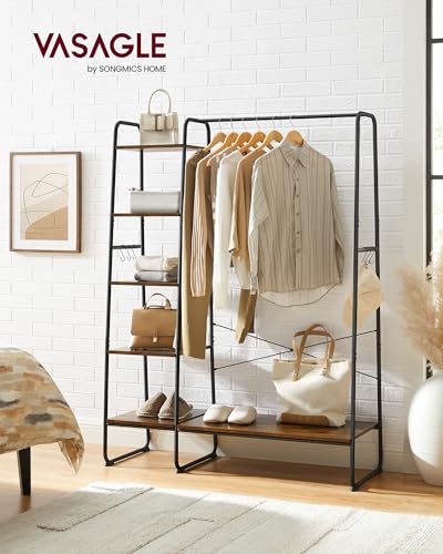 VASAGLE KleiderstÄnder, GarderobenstÄnder, 45 x 120 x 160 cm Garderobe mit Kleiderstange, Schuhablage, offener Kleiderschrank, 6 abnehmbare Haken, Schlafzimmer, Flur, vintagebraun-schwarz RGR116B01
