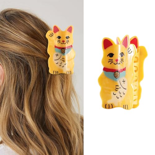 Maneki Neko Japanese Lucky Cat Hair Claw Clip Yellow Fortune Cat Design Decorative Hair Accessory for Women Girls Gift