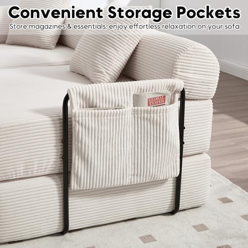 Image of L-Shape Modular Sectional Sofa Bed, Corduroy Boneless Couch, Beige White
