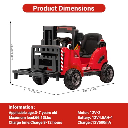 12V Kids Ride On Forklift Car, Electric Ride On Construction Car Toy for Toddles With Remote Control, Liftable Fork and Pallet, Low-Power Alarm, 2 Speeds, Music, Red