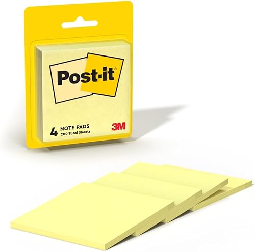 Post-it Notas, 3 x 3 pulgadas, amarillo canario, 4 blocs por paquete (50 hojasbloc, 200 hojas en total), notas adhesivas estándar para oficina,