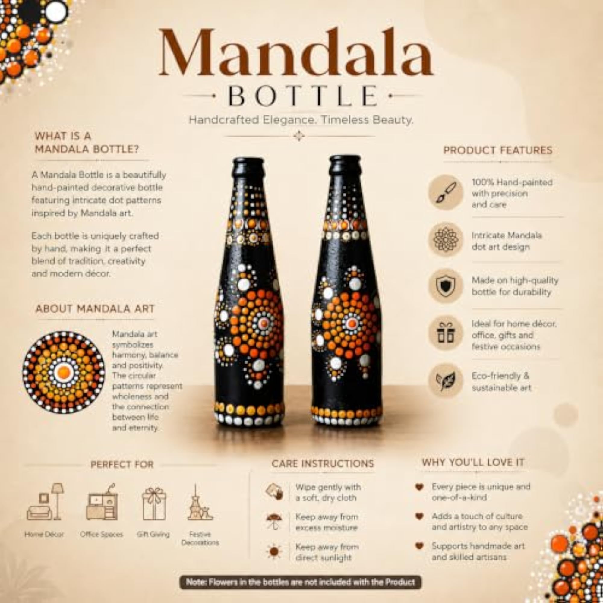 Hand Painted Decorative Glass Bottle, Mandala Art