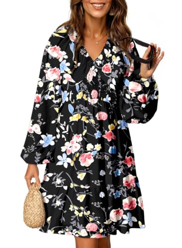 Image of Dokotoo Womens Dresses Boho Floral V Neck Long Sleeve Smocked Elastic Waist Casual A-Line Mini Dress Sundress