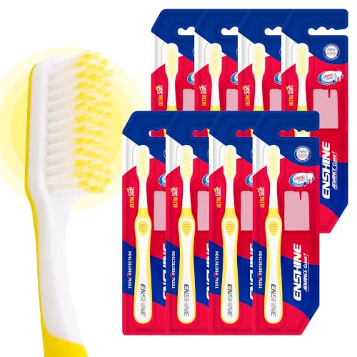 Image of Enshine Advance Clean+ Soft Toothbrush for Adults - Pack of 8 | Ultra Soft Tapered PBT Bristles | Tooth Brush Set with Non-Slip Grip | Manual Toothbrushes for Sensitive Gums & Enamel | Color Yellow