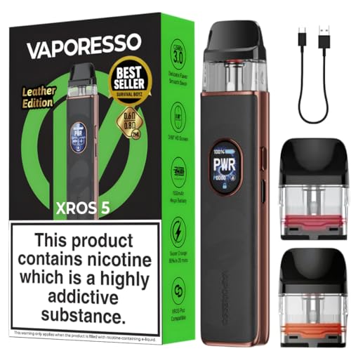 Vaporesso Xros 5 Vape Kit (Black Leather) - 14 Colours to choose from - 30W /1500mAH 35 Min Full Charge Top-Fill Pod Compatible will all Vaporesso Xros Pods Series - No Nicotine