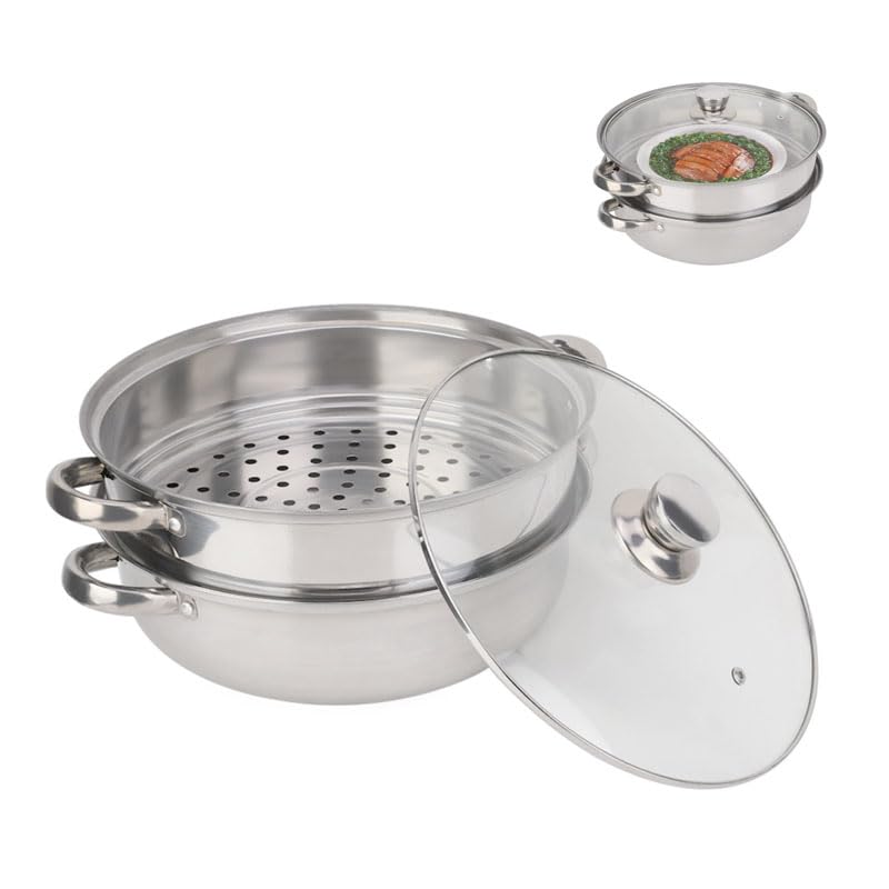 Olla de vapor apilada, con tapa de vidrio, 2 contenedores, vapor de acero inoxidable y cesta de vapor de 29 cm de diámetro