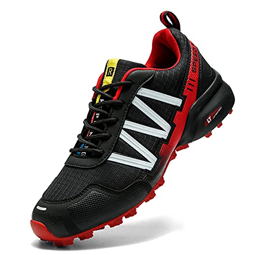 WYUKN Chaussures de Cyclisme VTT, Chaussures de Moto pour Hommes, Tissu Oxford, Chaussures de vélo imperméables, Baskets de randonnée en Plein air, Hiver,Black+red-44EU