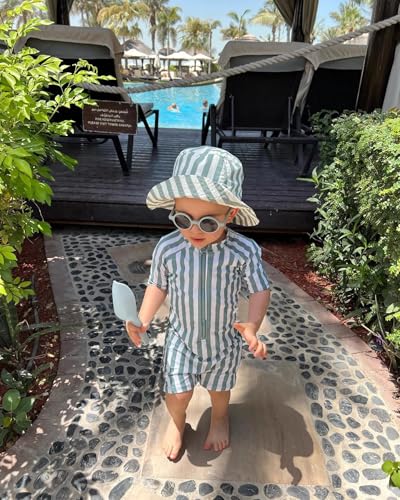Image of Girls One Piece Swimsuit Zipper Long Sleeve Rash Guard Green Striped Sunsuit Seersucker Bathing Suit with Ruffle Butt