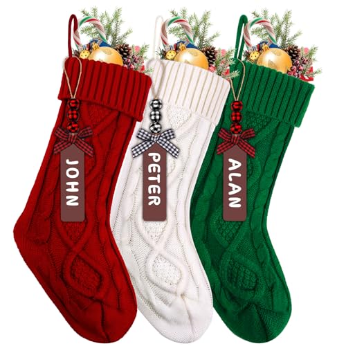 JOLCEEY 3pcs Christmas Stockings, 18 Inch Large Knit Christmas Stockings Personalized Xmas Hanging Stocking Decorations with Name Tags for Christmas Fireplace Tree Decorations